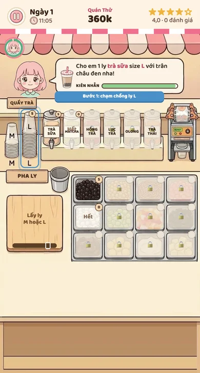 Quầy pha trong game Tiệm Trà Nhỏ: khách gọi món, người chơi lấy ly, rót trà, múc topping